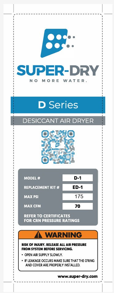 Sticker for D1 Super-Dry Air Dryer 175 PSI